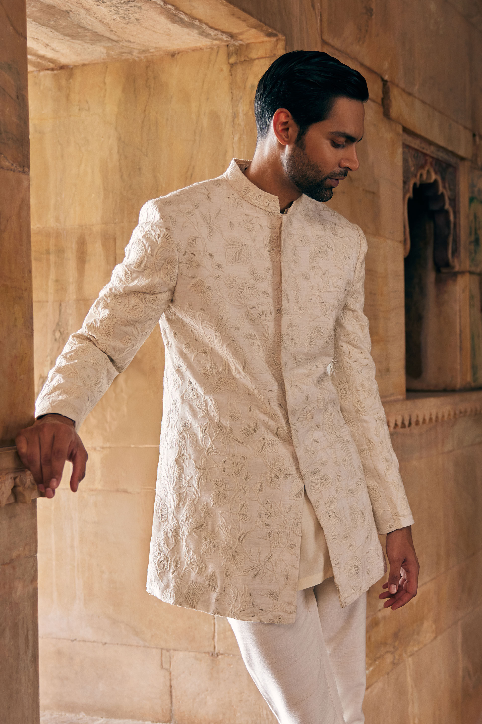Aanav Embroidered Silk Sherwani - Off White, Off White, image 6